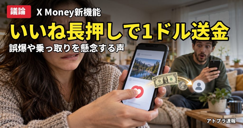 記事内容をもとにしたAI再現イメージ：【議論】Xの「いいね」長押しで1ドル送金へ、マスク氏が投げ銭機能を予告→誤爆や乗っ取りを懸念する声