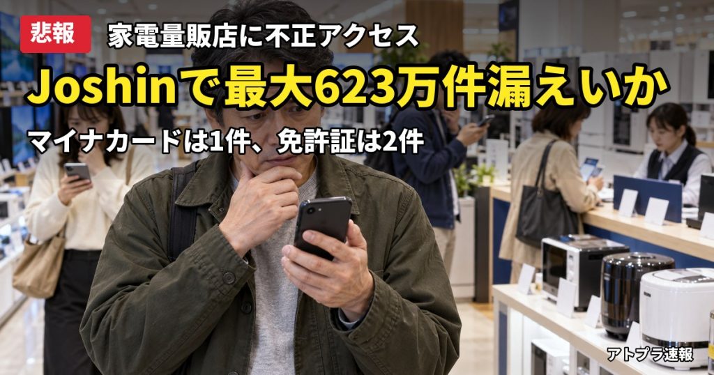 記事内容をもとにしたAI再現イメージ：【悲報】Joshinに不正アクセス、最大623万件の個人情報漏えいか　マイナカード1件・免許証2件も