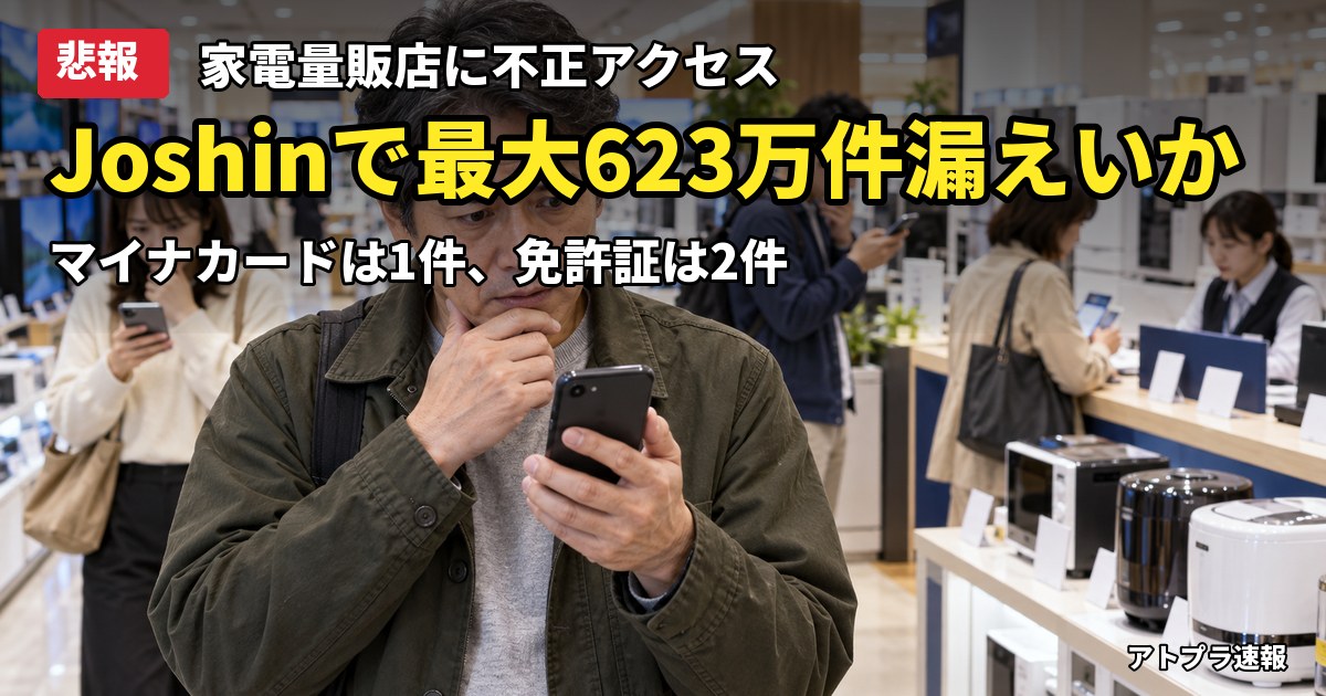 記事内容をもとにしたAI再現イメージ：【悲報】Joshinに不正アクセス、最大623万件の個人情報漏えいか　マイナカード1件・免許証2件も