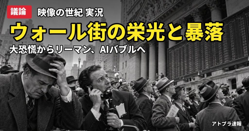 記事内容をもとにしたAI再現イメージ：【議論】映像の世紀「ウォール街 バタフライエフェクト」放送、大恐慌とリーマンにAIバブルを重ねる声