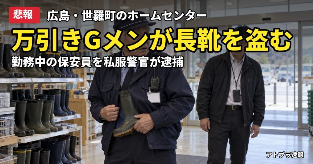 記事内容をもとにしたAI再現イメージ：【悲報】広島のホームセンターで万引きGメンの男(66)が勤務中に長靴を盗み現行犯逮捕