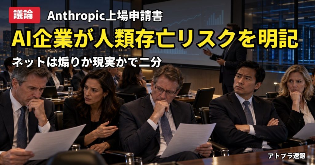 記事内容をもとにしたAI再現イメージ：【議論】Anthropicが上場申請書で「AIは人類存亡のリスク」と明記、ネットは「煽り」か「現実」かで二分