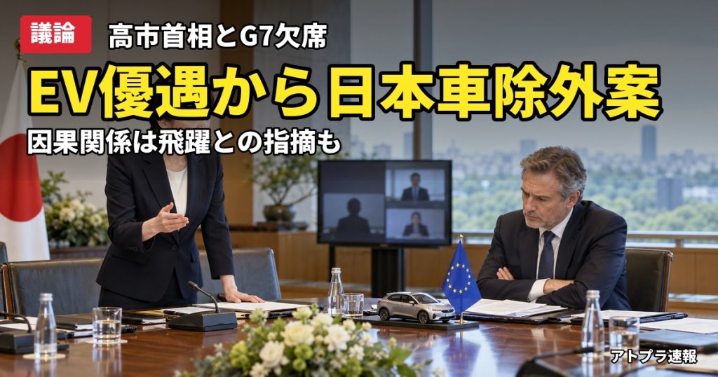 記事内容をもとにしたAI再現イメージ：【議論】高市首相のG7欠席でEUのEV優遇から日本車除外？ゲンダイ記事に「因果関係は飛躍」の声