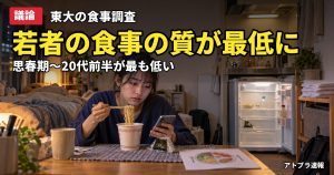 記事内容をもとにしたAI再現イメージ：【議論】東京大の調査で日本人の食事の質は思春期〜20代前半が最低と判明、収入や朝食抜きが関連