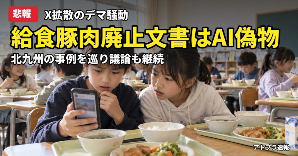 記事内容をもとにしたAI再現イメージ：【悲報】「ムスリム配慮で給食から豚肉廃止」の配布文書、AI生成のデマと判明