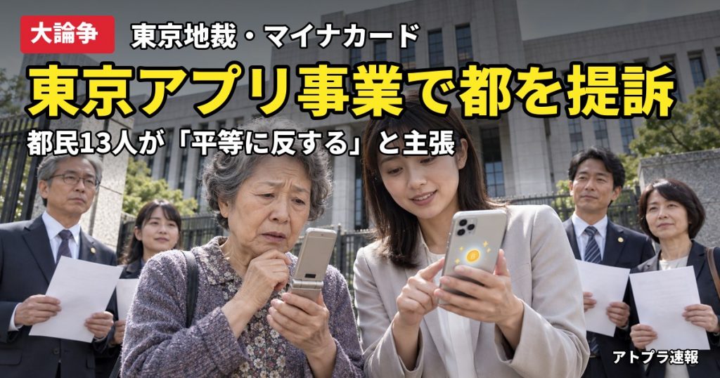記事内容をもとにしたAI再現イメージ：【大論争】東京アプリのポイント付与は「違法」と都民13人が提訴、マイナカード必須は平等に反するか