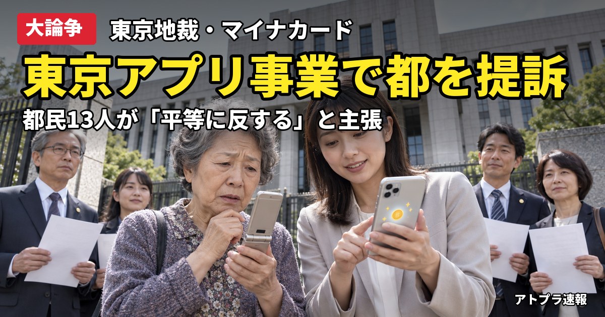 記事内容をもとにしたAI再現イメージ：【大論争】東京アプリのポイント付与は「違法」と都民13人が提訴、マイナカード必須は平等に反するか