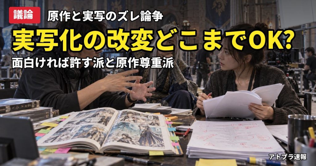 記事内容をもとにしたAI再現イメージ：【議論】実写化はなぜ原作と違う?「ゲンサクガー」論争と進撃の巨人・ドラえもん談義