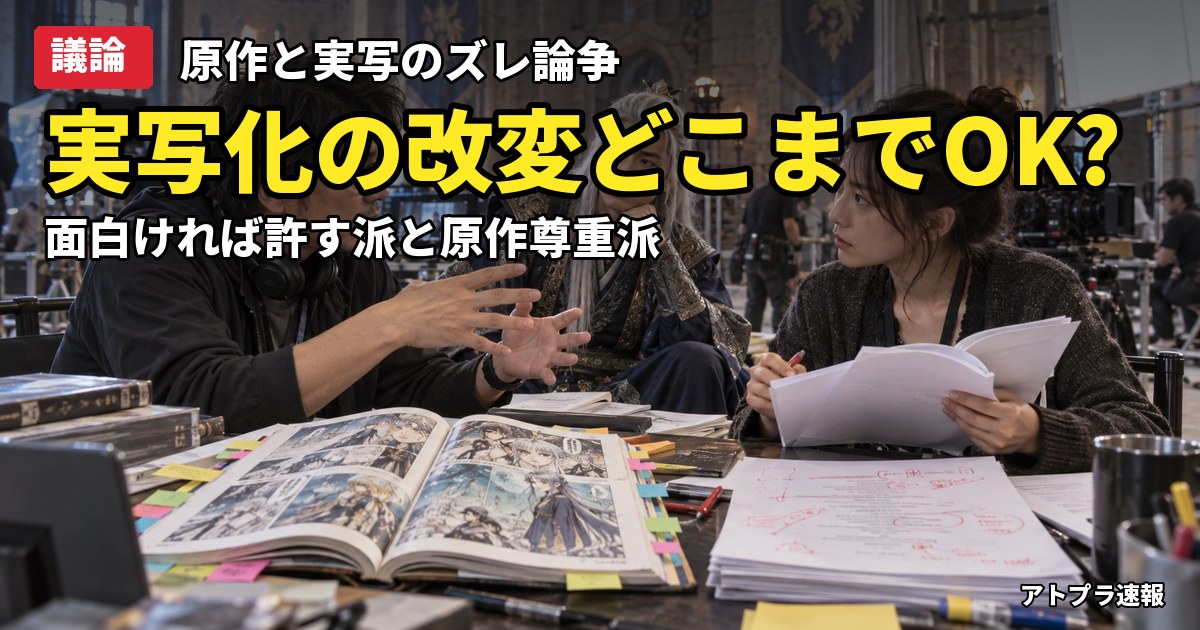 記事内容をもとにしたAI再現イメージ：【議論】実写化はなぜ原作と違う?「ゲンサクガー」論争と進撃の巨人・ドラえもん談義