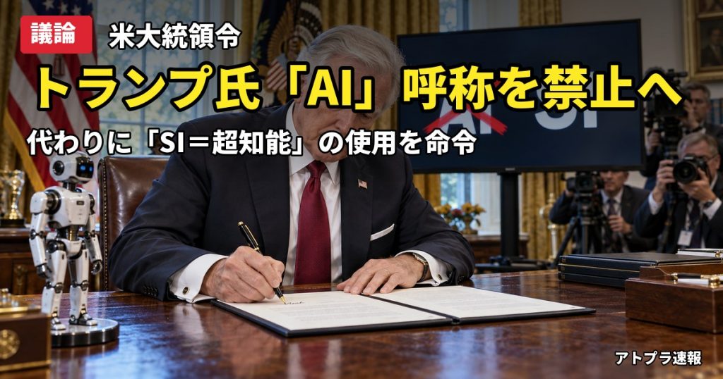 記事内容をもとにしたAI再現イメージ：【議論】トランプ大統領「AI」呼称禁止へ、代わりに「SI＝超知能」使用を命じる大統領令に署名