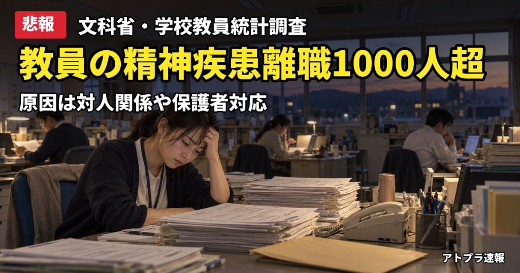 記事内容をもとにしたAI再現イメージ：【悲報】教員の精神疾患による離職が初の1000人超え、文科省の2024年度調査で判明