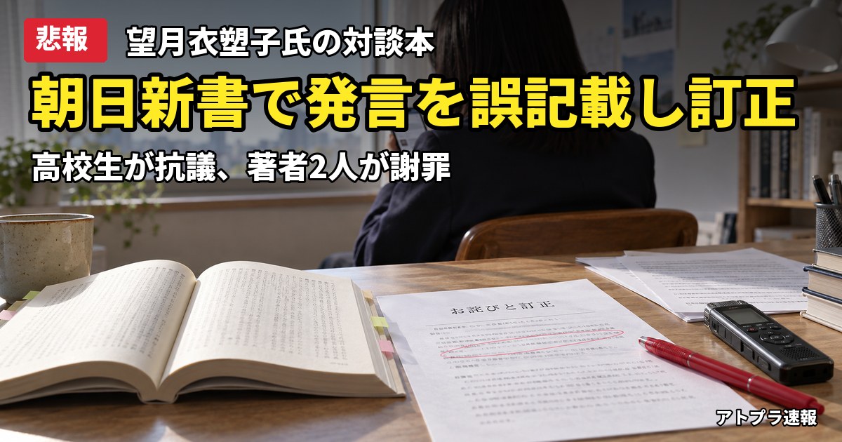 記事内容をもとにしたAI再現イメージ：【悲報】望月衣塑子氏、朝日新書の対談本で高校生・川中だいじさんの発言を事実と違う内容で記載し訂正