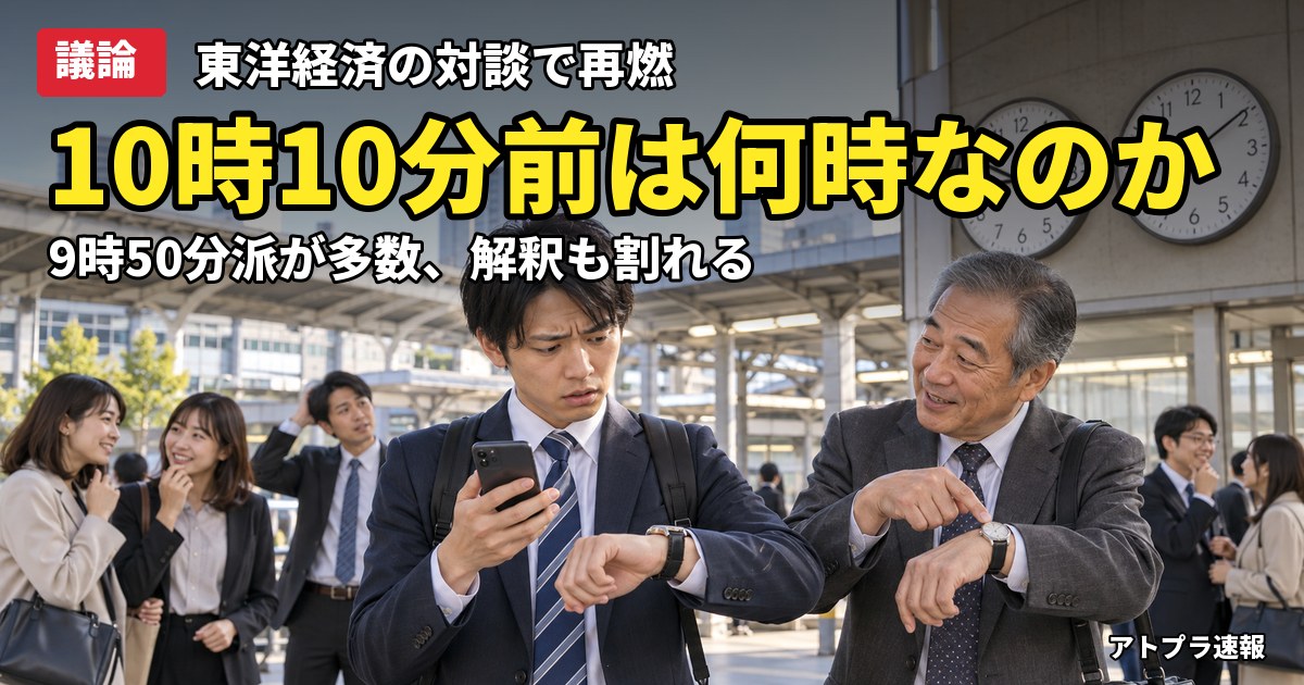 記事内容をもとにしたAI再現イメージ：【議論】「10時10分前」は9時50分?10時9分?東洋経済の対談記事に5chが総ツッコミ