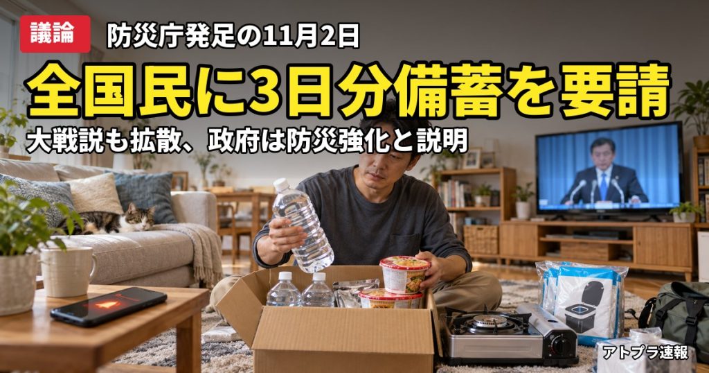 記事内容をもとにしたAI再現イメージ：【議論】細野防災相「11月2日に全国民へ緊急要請」で3日分備蓄が話題、世界大戦説まで噂拡大