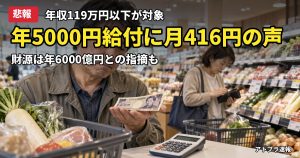 記事内容をもとにしたAI再現イメージ：【悲報】政府が年収119万円以下に年5000円給付へ、月416円と話題に