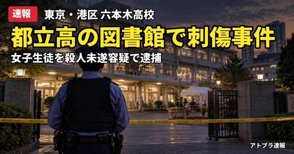 記事内容をもとにしたAI再現イメージ：【速報】都立六本木高校の図書館で女子生徒が包丁で刺される　同級生の女子生徒を殺人未遂容疑で現行犯逮捕
