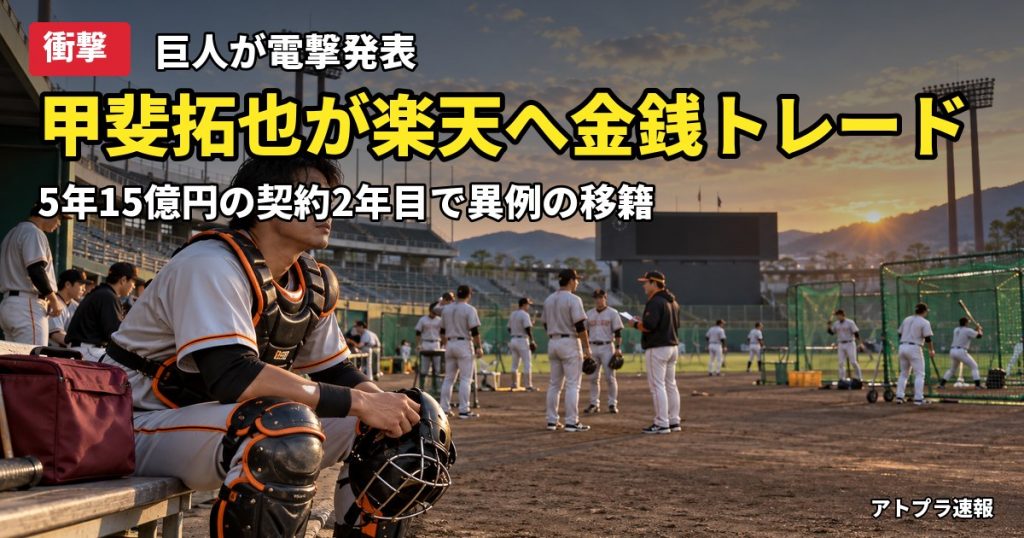 記事内容をもとにしたAI再現イメージ：【衝撃】巨人・甲斐拓也が楽天へ金銭トレード、5年15億円の契約2年目で異例の放出