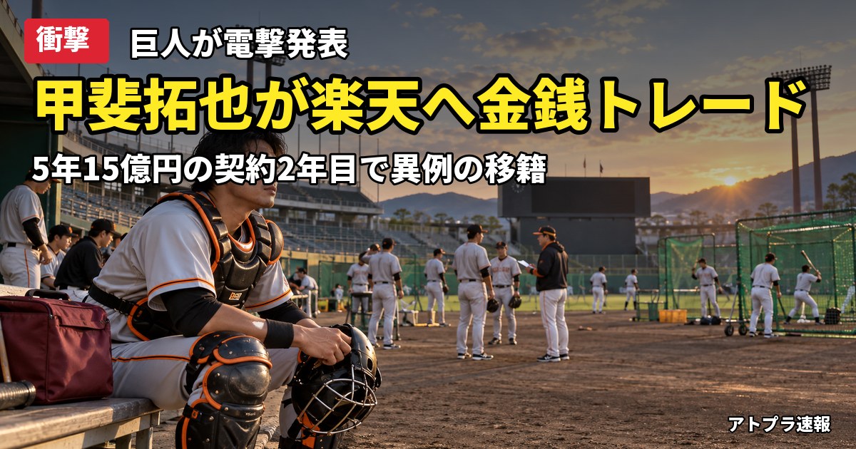 記事内容をもとにしたAI再現イメージ：【衝撃】巨人・甲斐拓也が楽天へ金銭トレード、5年15億円の契約2年目で異例の放出