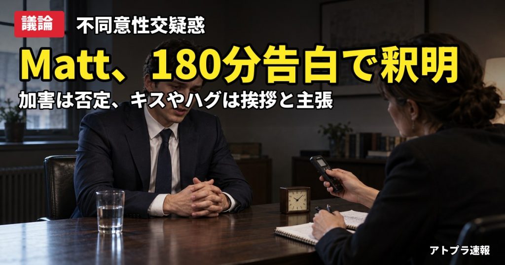 記事内容をもとにしたAI再現イメージ：【議論】Matt、不同意性交疑惑で「kissやhugは挨拶程度」と釈明　ネットは「主張が変わった」と困惑