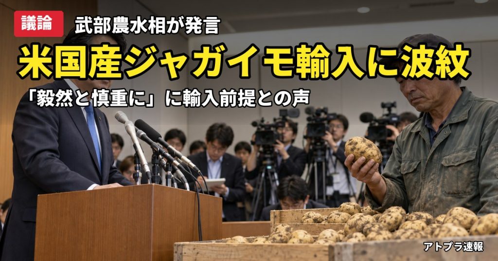 記事内容をもとにしたAI再現イメージ：【議論】米国産ジャガイモ輸入解禁で武部農水相「毅然とした姿勢で慎重に対応」→ネット「輸入前提では」