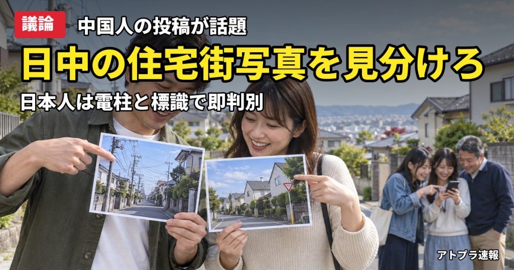 記事内容をもとにしたAI再現イメージ：【議論】中国人「99％は日本と中国の住宅街写真を見分けられない」→日本人「電柱と標識で一発」